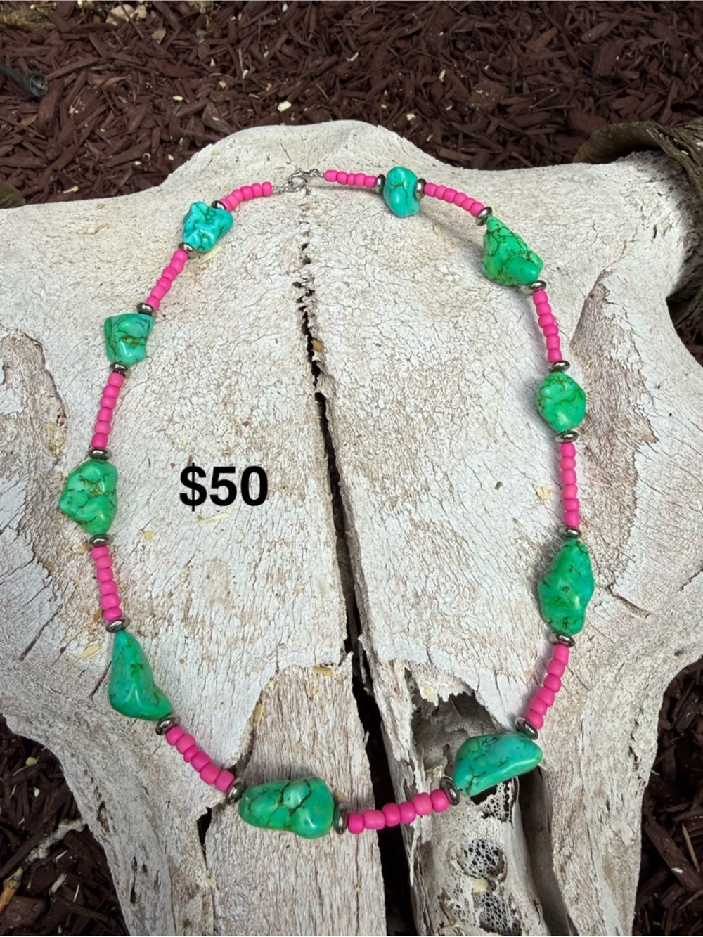 Turquoise Nugget & Hot Pink Beaded Necklace - Handmade Women Jewelry